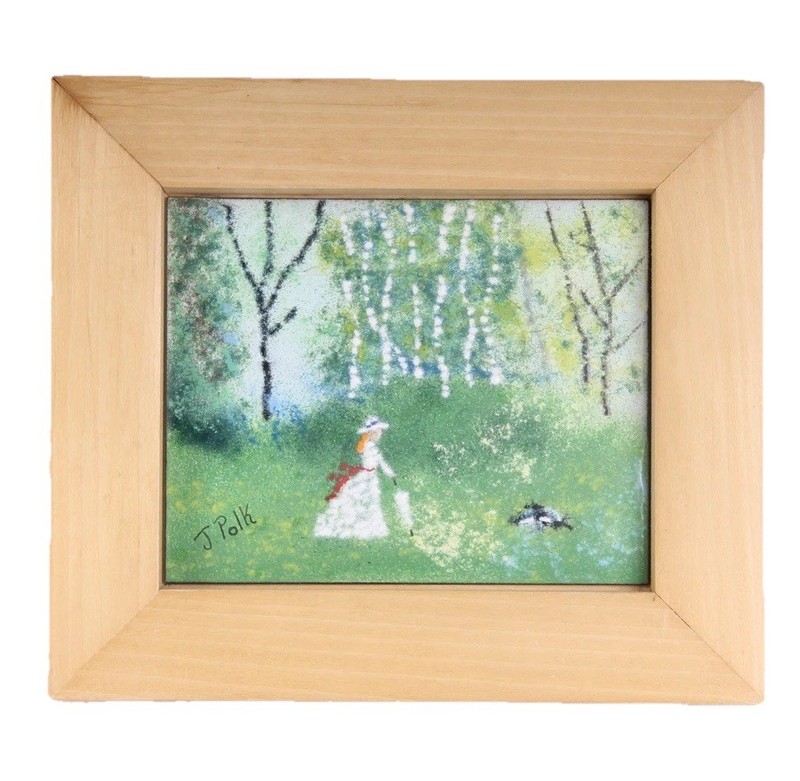 J. POLK – Enamel on Copper Original Frame – IMPRESSIONIST ART WOMAN IN WOODS.