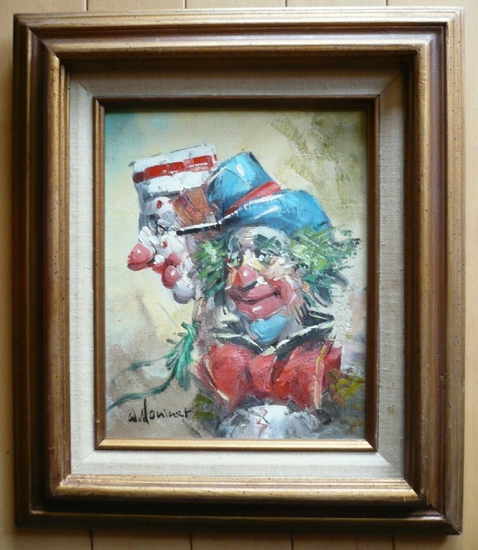 WILLIAM MONINET LISTED Collectible Clown Artist VINTAGE OIL PAINTING Mid Century