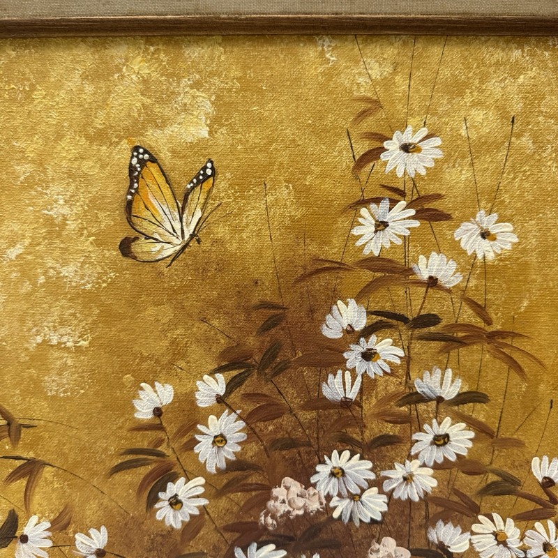 Vintage Original Signed Daisy Flowers Daisies Butterfly Painting Framed 12x16 gallery