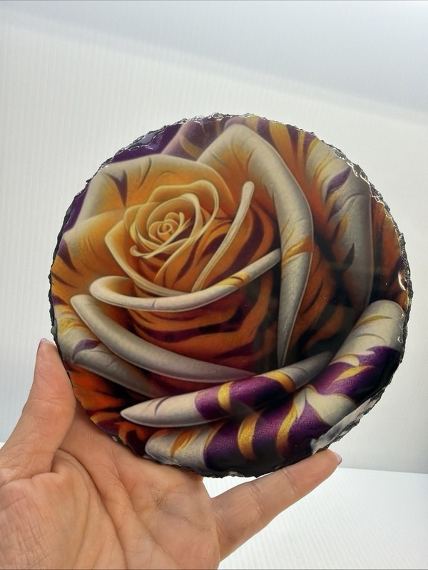Yellow And Purple Tiger Stripe Rose Glossy Picture on Black Slate Wall Art 7.5″