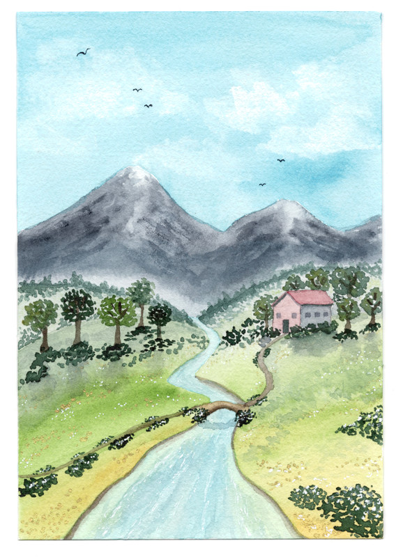 5×7 ORIGINAL Watercolor Painting River Cabin Signed CALMLY CREATE