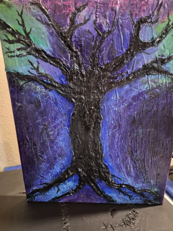 Original Textured Abstract Tree Acrylic Painting, Multicolor, Glow-in-the-Dark