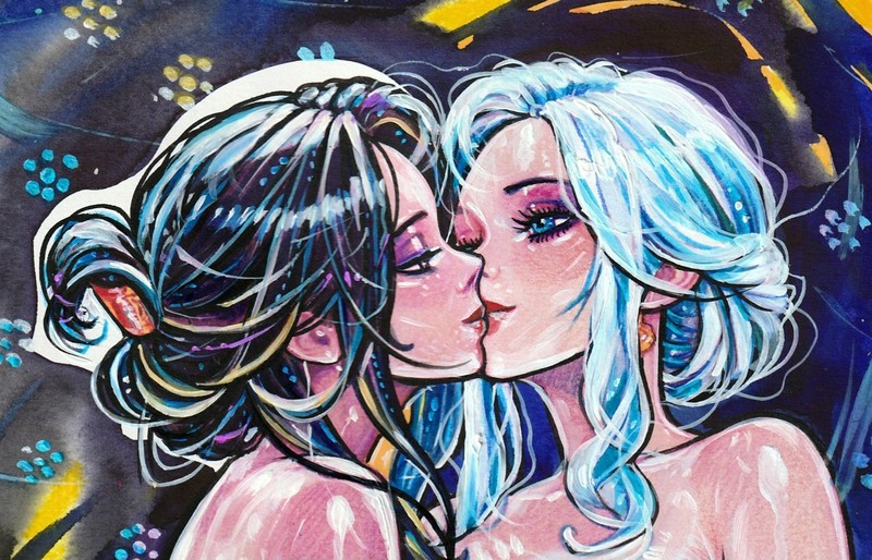 Original Anime LGBTq Painting A4 Moonlit Lovers Fantasy Art Female Couple 2026