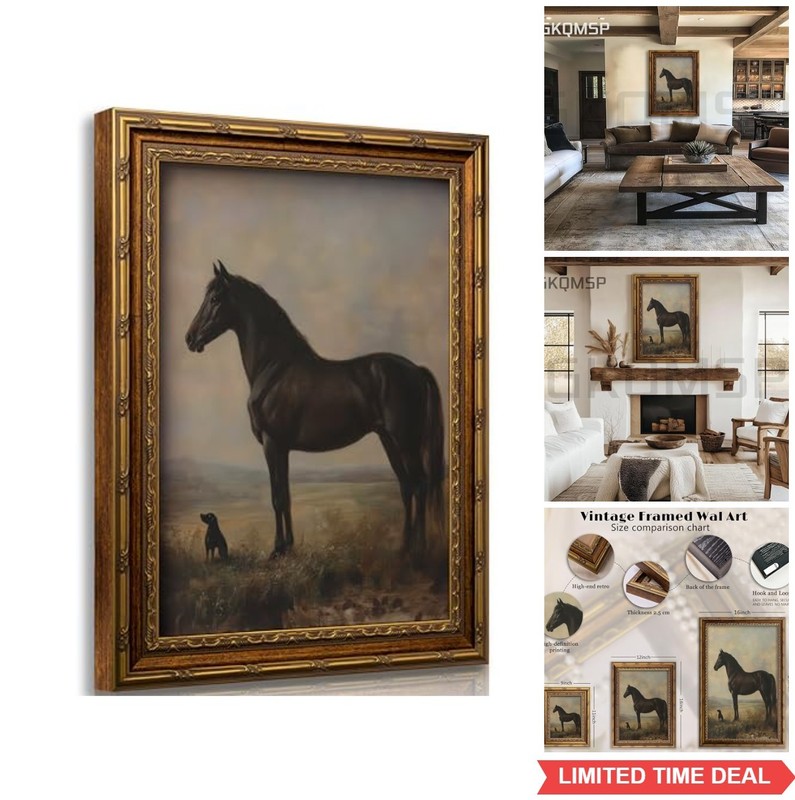 Vintage Horse Canvas Wall Art 9×11 Gold Frame Dog Painting Farmhouse Decor