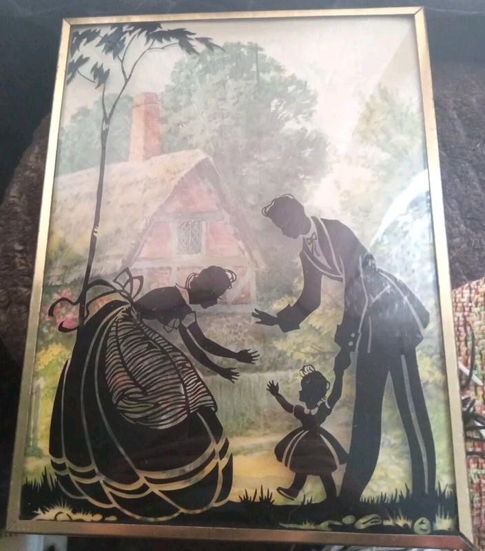 Reverse Painted Silhouette Convex Bubble Glass Victorian Farmhouse Picture Frame