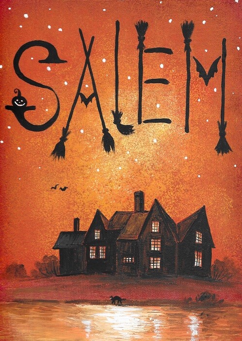 5×7 print of painting RYTA Salem Halloween Cat Haunted House Of Seven Gables Art