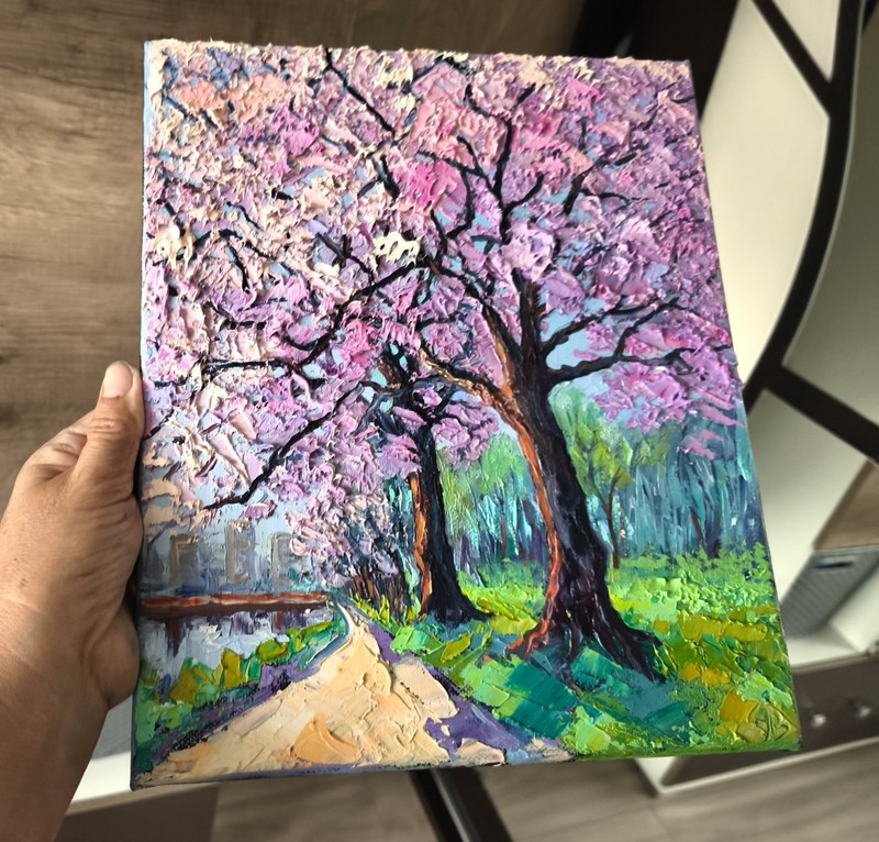Original Oil Painting Cherry Blossoms Trees on stretched canvas 30X25cm Signed gallery