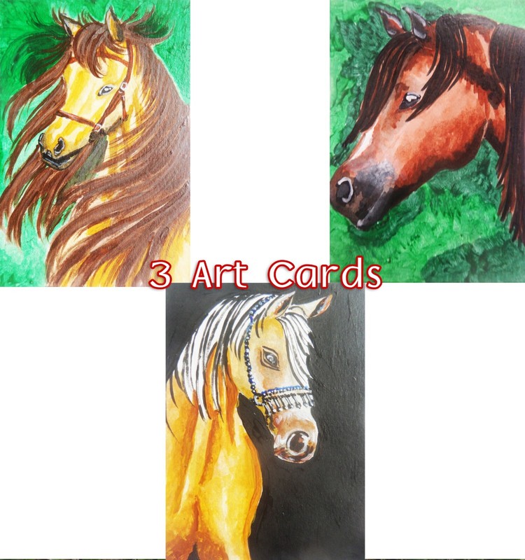 Set 3 Horse ACEO Art Cards artist signed Painting Miniature Ooak Acrylic