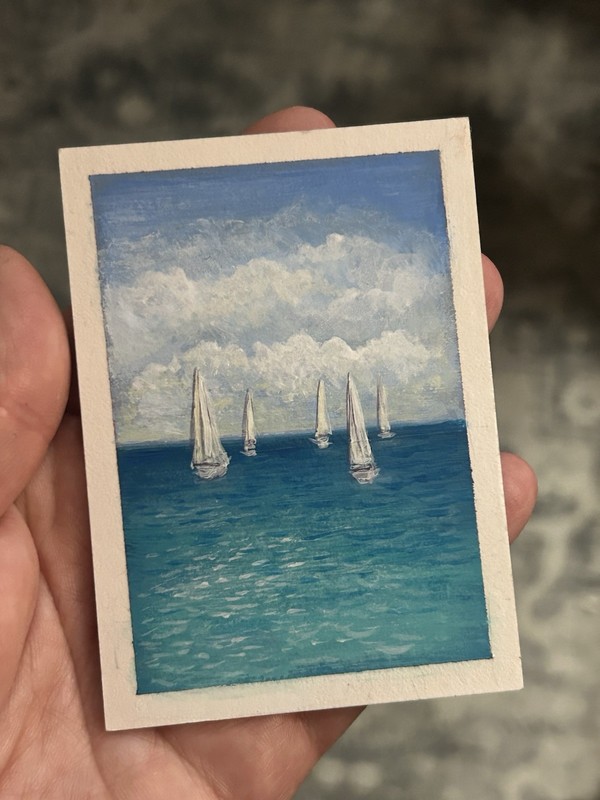 ACEO Ocean Sky Clouds Boats original painting 2.5 “x 3.5” gallery