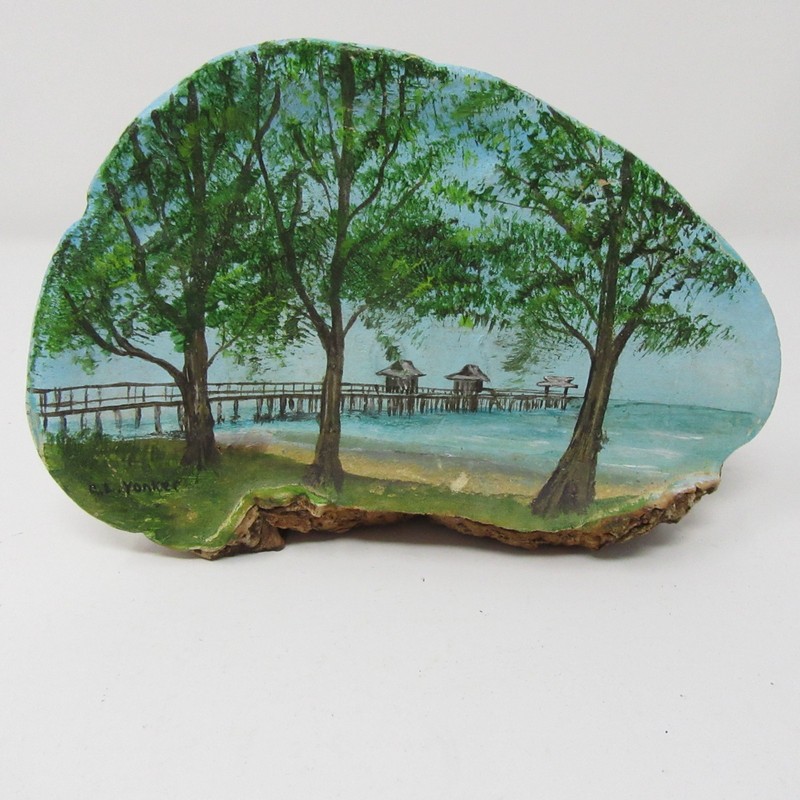 Hand Painted Tree Fungus Conk Art Lake Landscape Signed C L Yonker Vtg Cottage