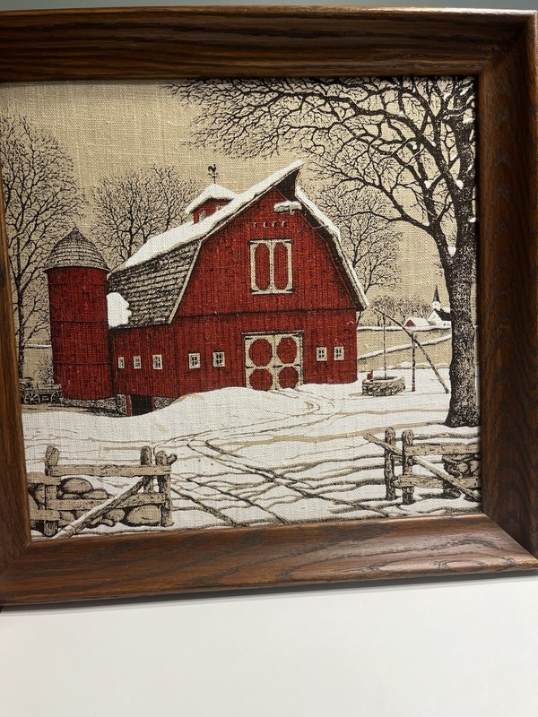 Hand Printed Red Barn Snow Linen Framed Wall Art. 16” gallery