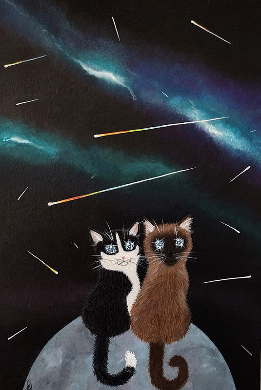7 1/2 x 11 Original Acrylic Painting. Starry-Eyed Cat & Meteors.