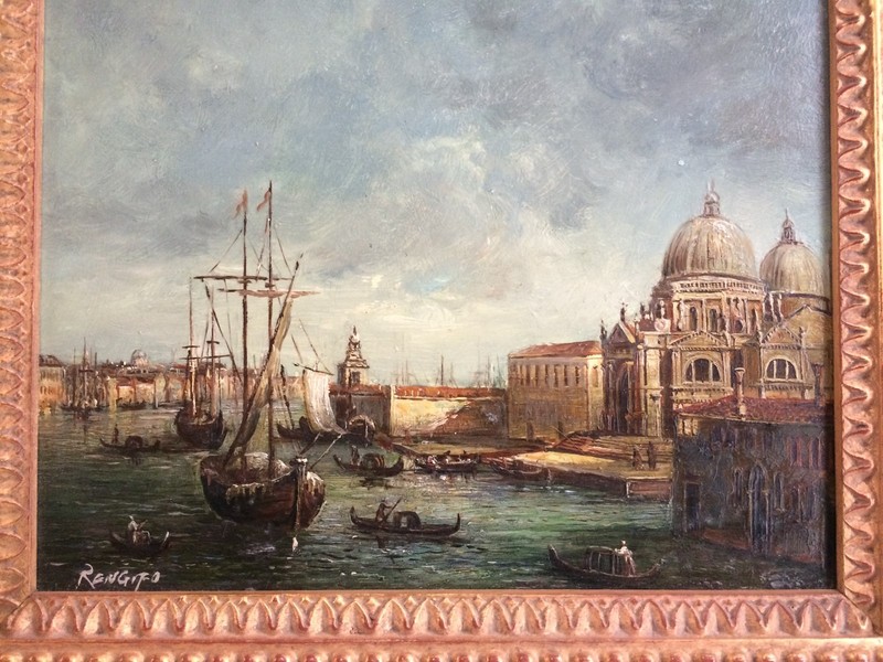 Great orig. 20thC signed Renfigo Venice Harbor Canal Oil / Board Pro. Framed