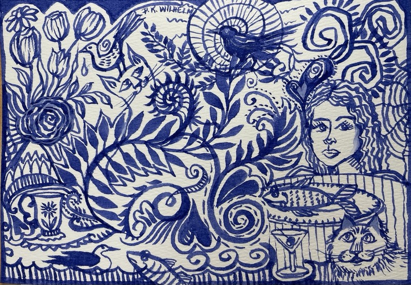 Pamela Wilhelm original 6”x8” Watercolor Ink Illustration Blue Cats Fish Birds