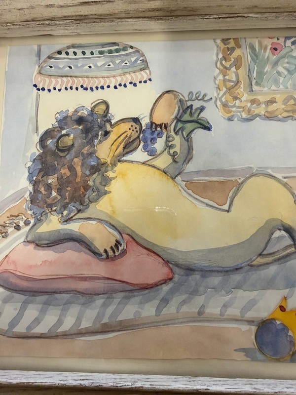 Signed Original Watercolor Whimsical Painting of a Lion Eating Grapes Surrealism gallery