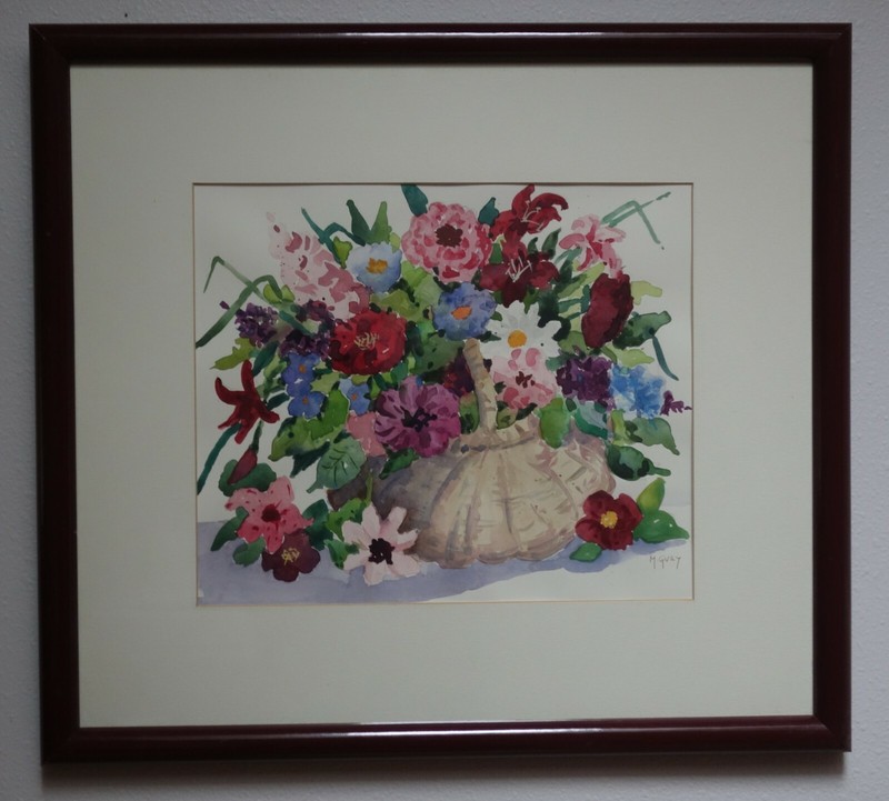 Still Life Watercolor Painting Colorful Flowers in a Wicker Basket by M Gray