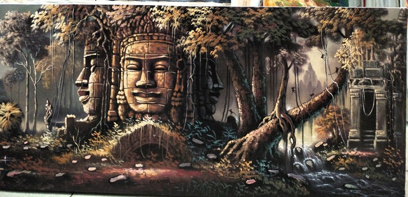 Wall Decoration of Angkor Wat Temple Oil Painting Signed 40cm x 150cm gallery