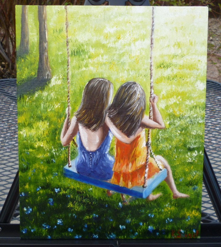 Fine Art Original Oil Canvas Board Painting 2023 Sisters Friends 9″ x 12″ signed