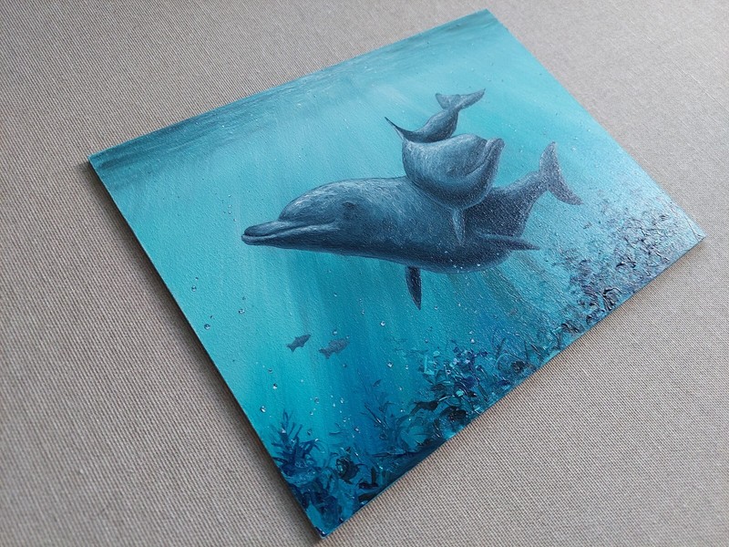 Dolphin Oil painting. Pair of Dolphins, love in Turquoise Waters. Underwater Art gallery