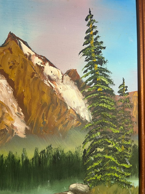 Original Tree Line Mountain Lake Oil on Canvas Painting Framed Wall Art 23 x 19" gallery