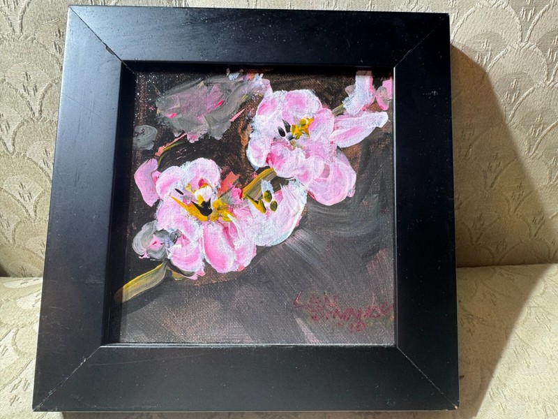 Small Leonard Dimmick (1943 – 2011) «A Floral Scene» Oil Painting #2- Framed