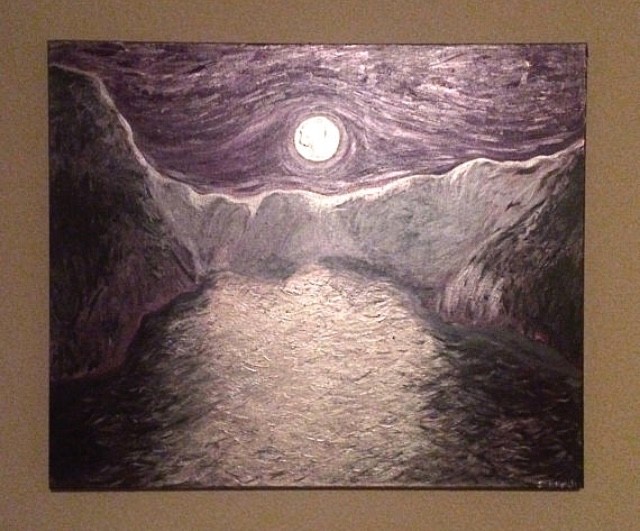 Original Artwork on Canvas Acrylic Painting of Moon, Mountains, and Ocean gallery
