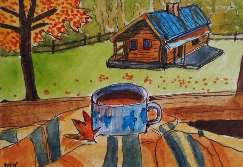 ACEO Original – Fall Tree Coffee Mug Small House – Watercolor 2.5 x 3.5 Signed