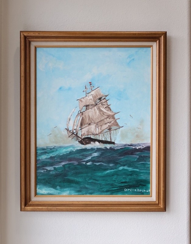 MCM Signed Oil Painting Mid Century Sailing Ship Ocean Rough Seas Gold Framed