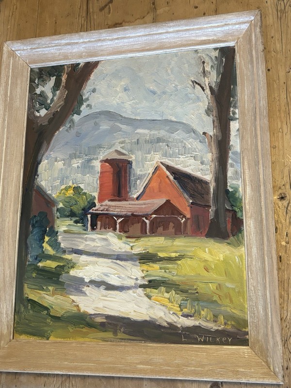 Vtg Red Barn Farm Mountain Realistic Impressionism Oil Painting L. Wilkey Large