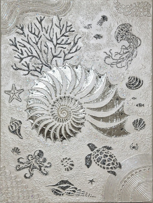 Original Canvas Painting SHELL, Silver, Glitter, Pearl, Acrylic Texture Paste