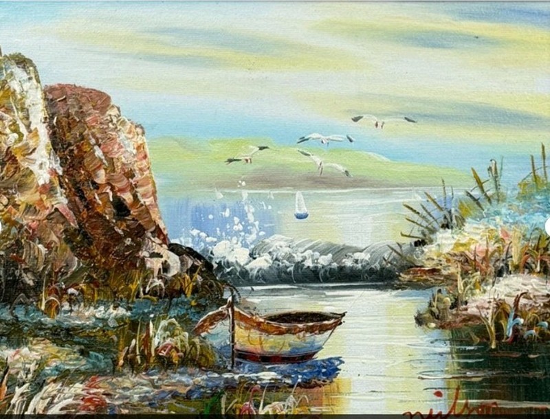 Vibrant River Scene & Old Rowboat Original Textured Oil Signed By Artist 13 X 11