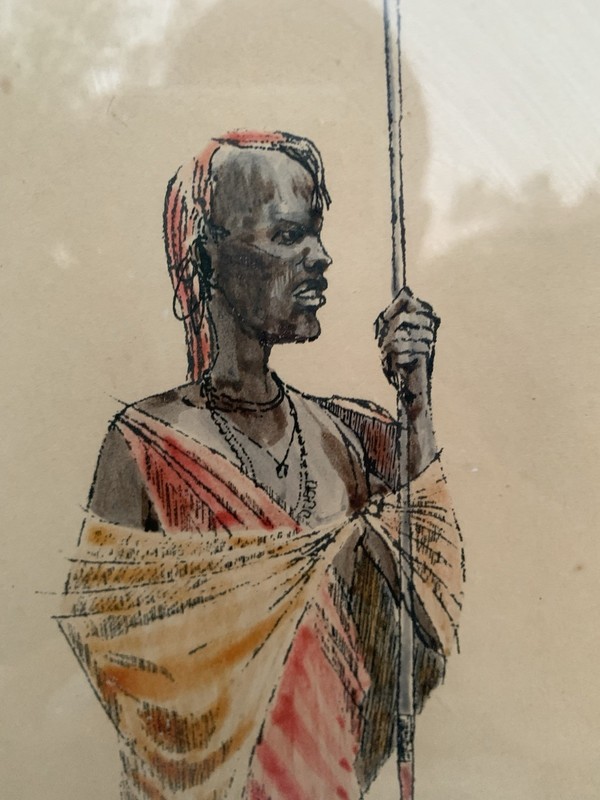 ORIGINAL Framed & Signed AFRICAN Tribe Kenya Maasai Warrior WATERCOLOR Painting gallery