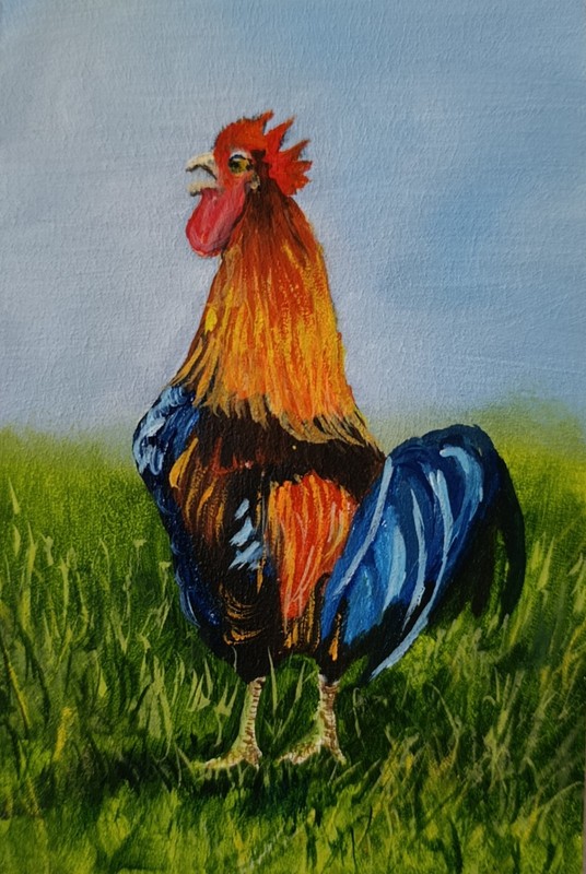ORIGINAL Oil Painting Rooster Contemporary Wall art Miniature Handmade