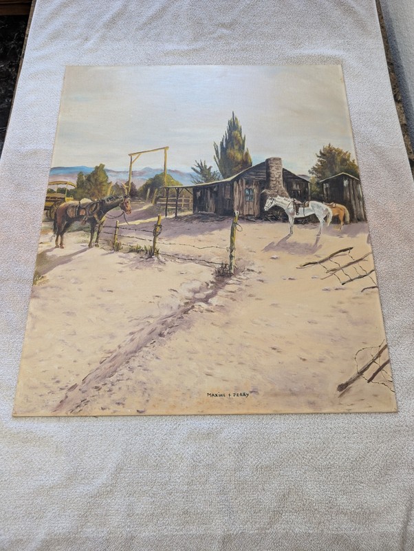 Original Western Oil Painting 22 X 26 Maxine & Jerry Horses Cabin Ranch Cowboy gallery