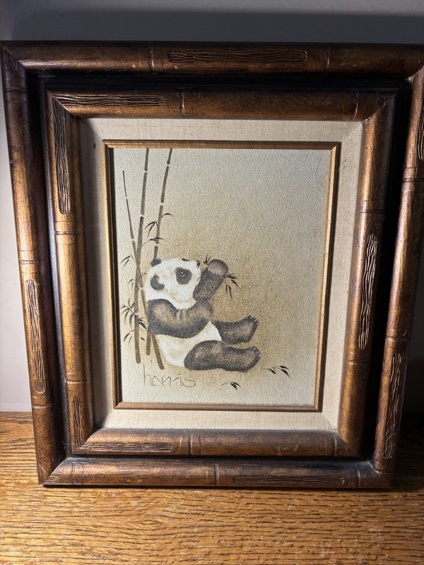 Vtg Original Panda with Bamboo 1981 Framed Painting by Artist Peggy Harris