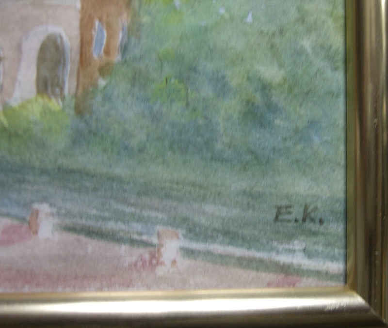 Watercolor View L'ILE ROUSSE CORSICA FRANCE Monument Statue Monogram E.K. gallery