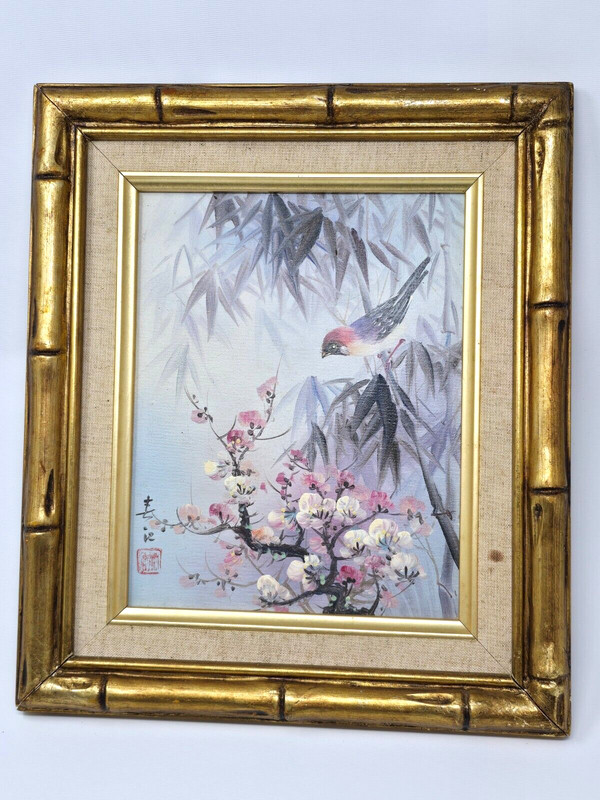 Oriental Vintage Oil painting Bird & Flower Blossom Signed Bamboo Style Frame