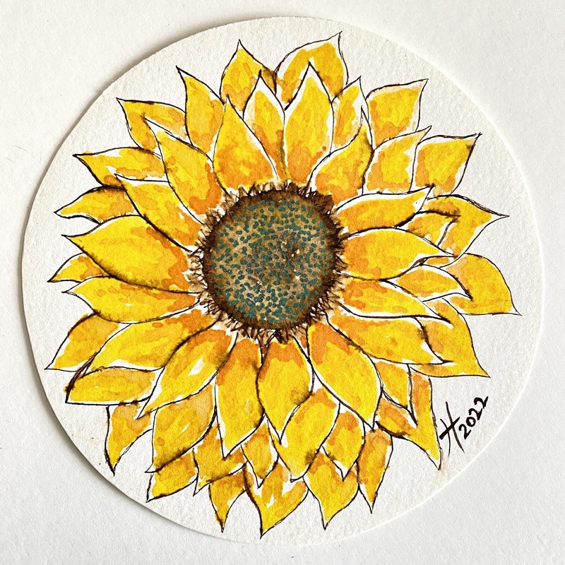Sunflower Original Art Round Handmade Watercolor Dip Pen Painting Framed 7″