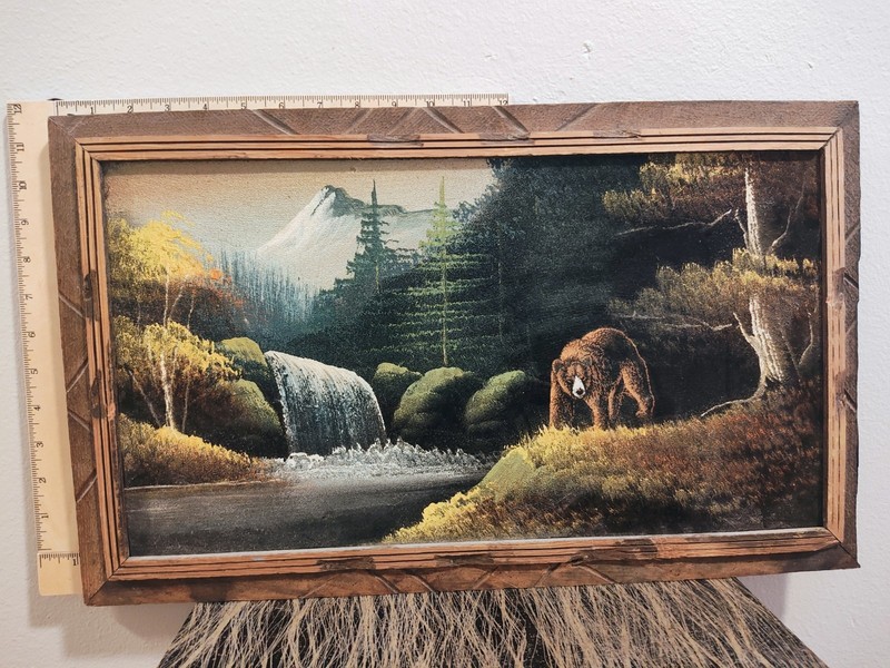 Vintage Black Velvet Painting Bear Mountain Waterfall Scene Hand Carved Wood…