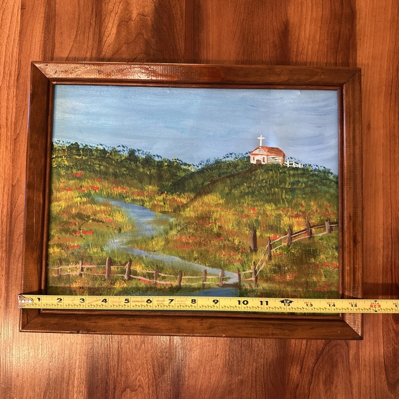 Original Oil On Canvas Church In A Hill Frame 15.5” By 12.5” Signed By Artist