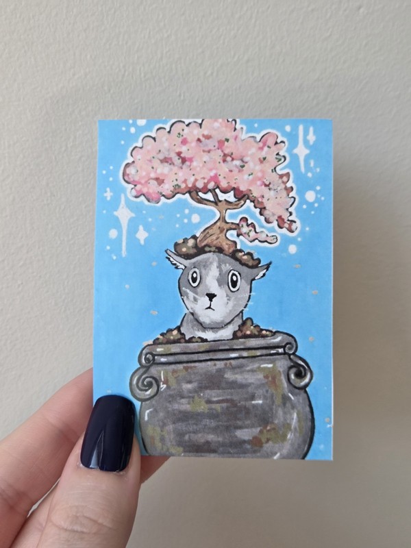 ACEO Original Art PRINT, Bonsai Cat Painting, Original Cartoon By Brittanywrites