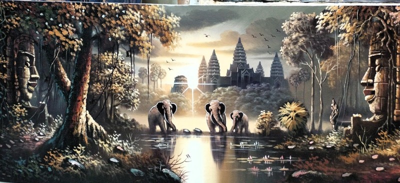 Wall Decoration of Angkor Wat Temple Oil Painting Signed 40cm x 150cm gallery