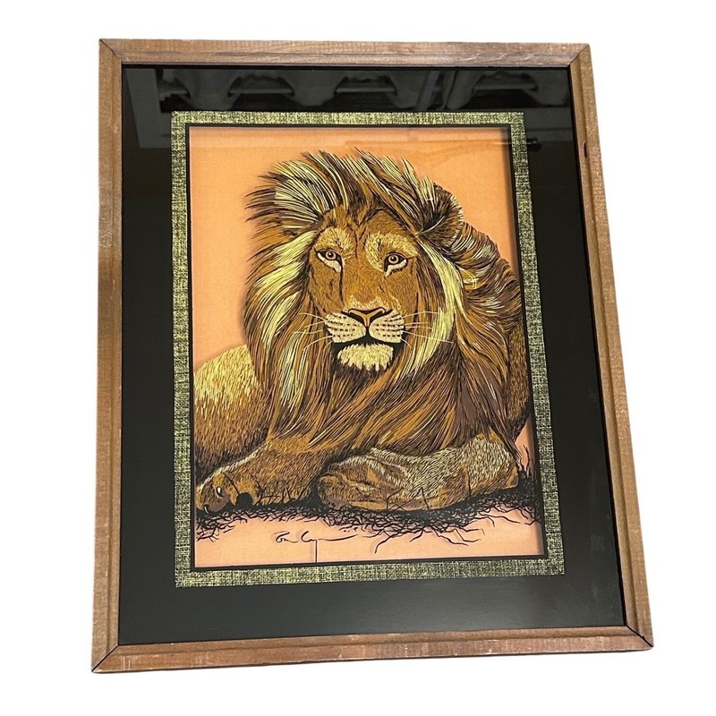 Vintage Ron Capon Lion Reverse Glass Painting Framed 1970s Wildlife Art 21×17