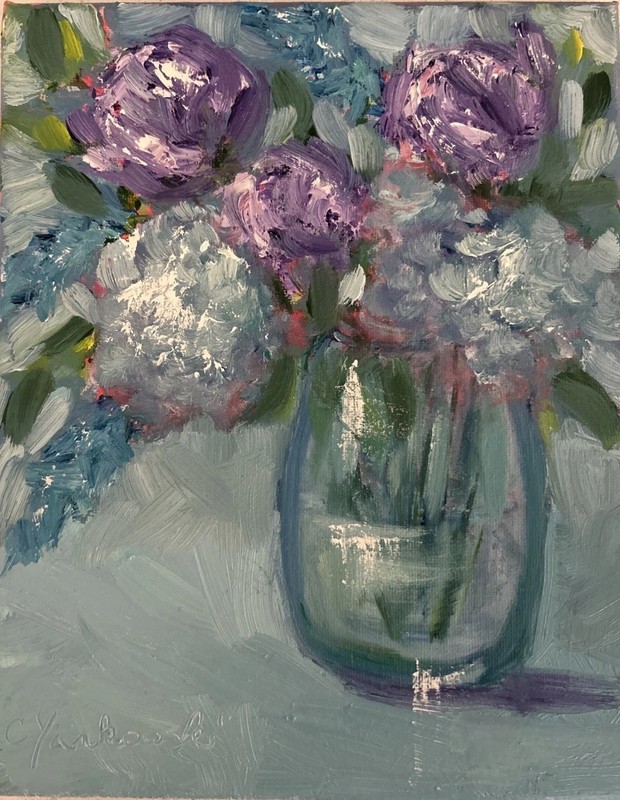 oil paintings original blue Rose Hydrangea Flowers Still Life Green Calm Vase