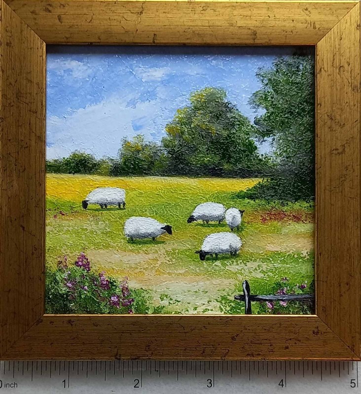 Summer Original Oil painting Country Landscape Sheep on the Meadow 4 x 4 in
