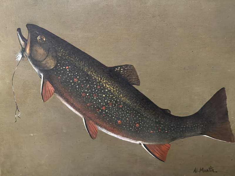 A.L. MARTIN (20TH CENTURY) RAINBOW TROUT OIL ON CANVAS PAINTING….SIGNED
