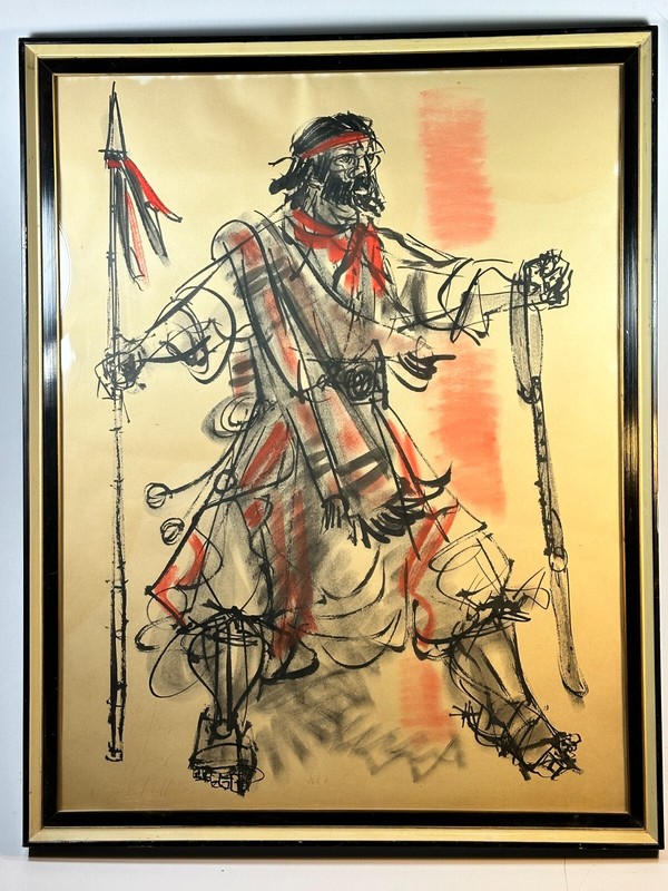 Elena Castellanos Framed Original Gaucho Standing with Spear 21.5×27.5 from 1966