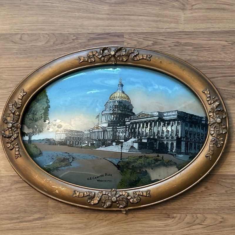 Vtg 1940s Oval Bubble Glass Frame Reverse Painting US CAPITAL BUILDING 21×16