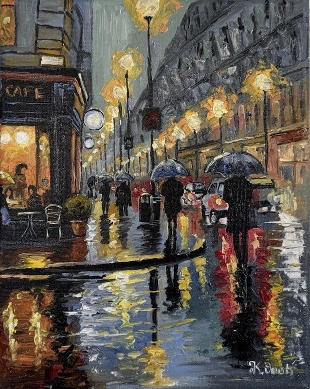 ORIGINAL OIL PAINTING RAINY NIGHT CITYSCAPE LANDSCAPE STRETCH CANVAS SIGNED 8×10