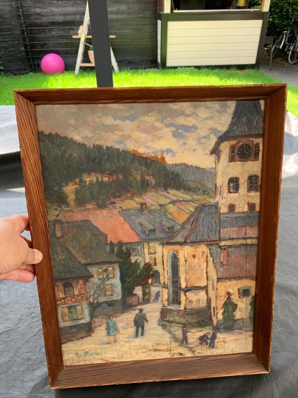 Oil Painting Impressionism Old Town Signed City View 1910 Wood 48x38cm